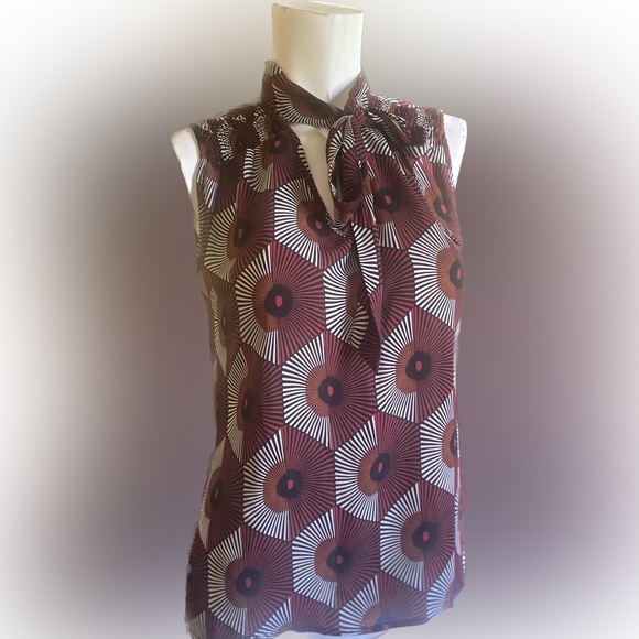 Ladies mod geometric tie neck art print sleeves blouse contempo causal - Picture 3 of 5